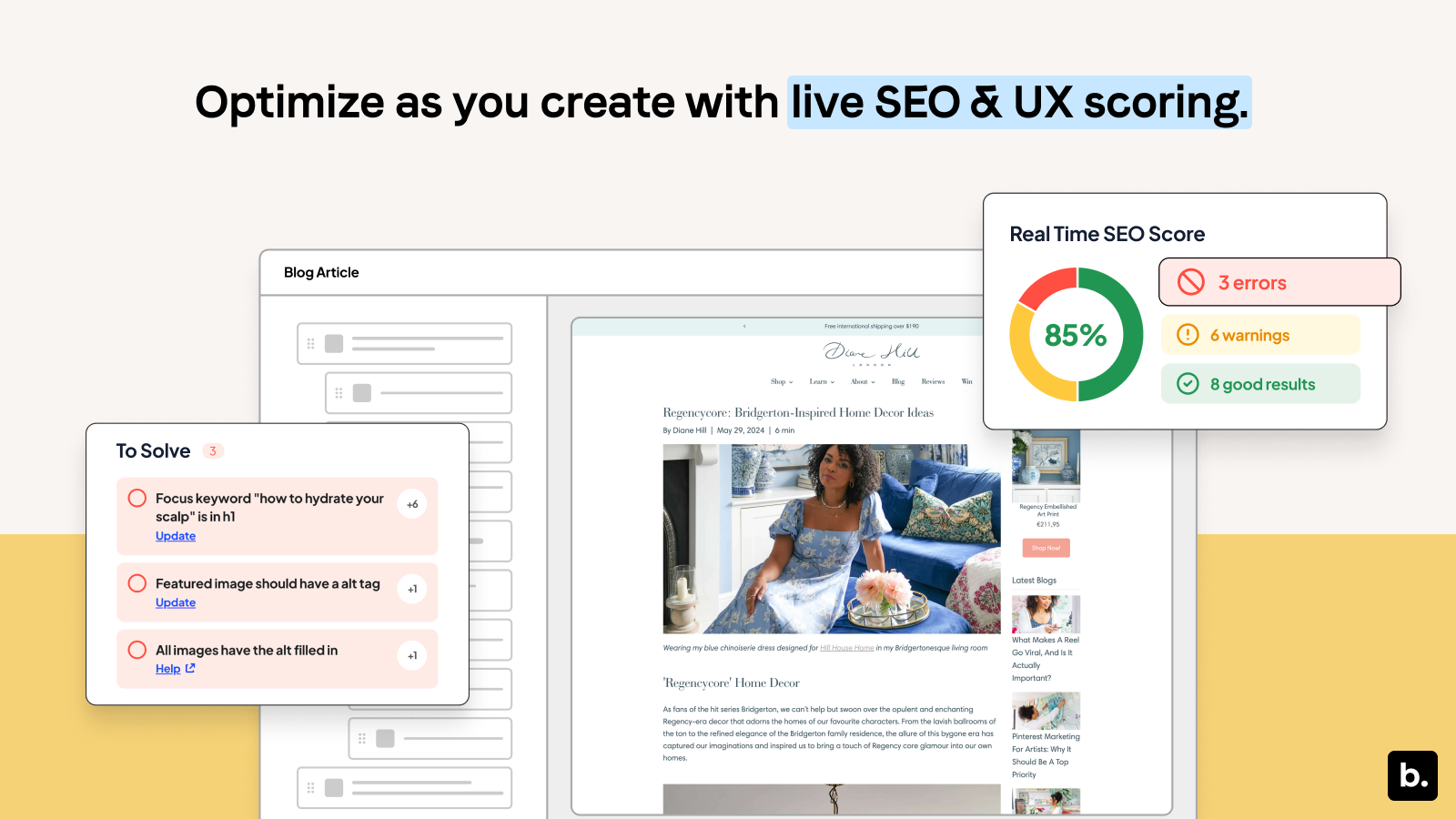 Bloggle drag-and-drop blog editor showing SEO template options and Shopify integration