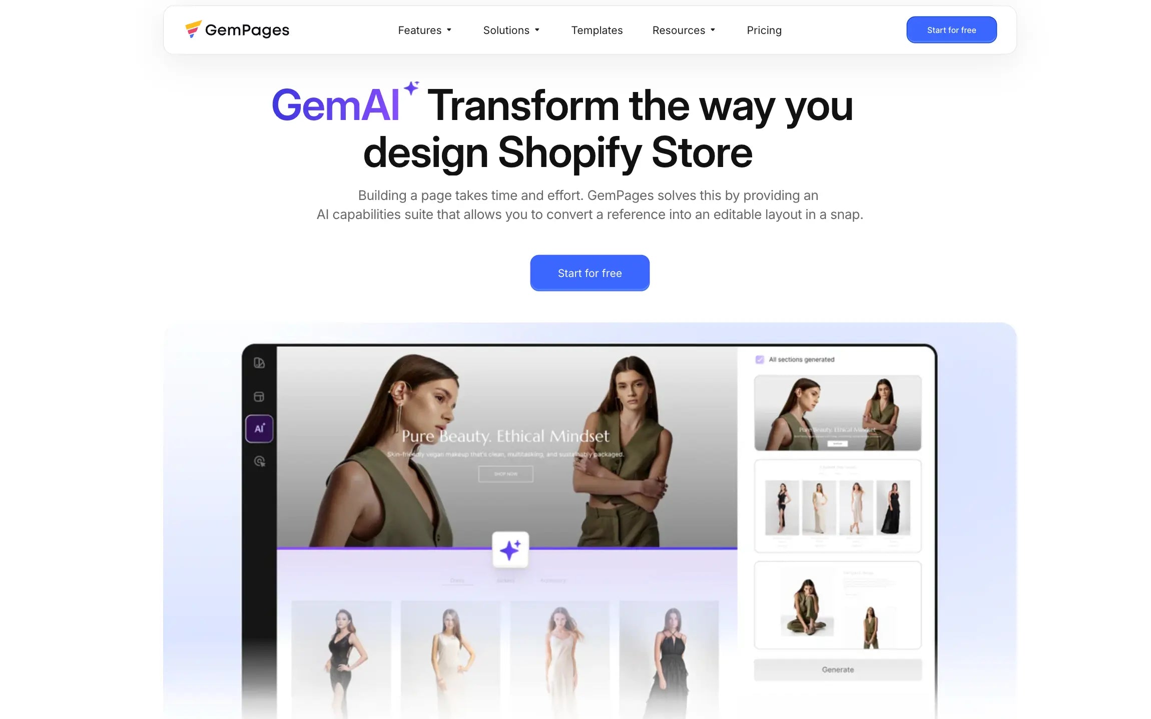 GemPages page builder interface showing drag-and-drop editor with Shopify product sections