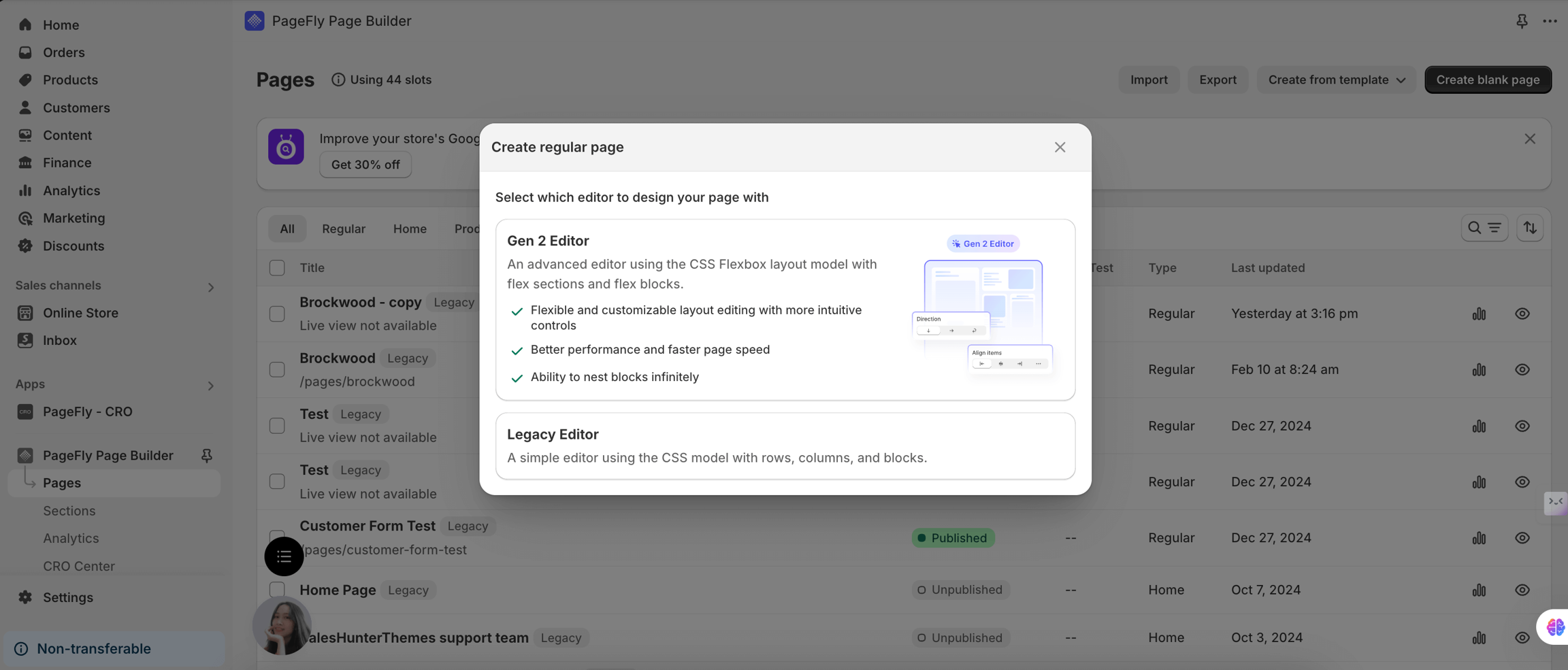 PageFly advanced drag-and-drop interface showing structural customization controls